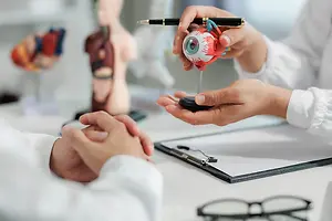 An eye specialist is explaining the eye model to a patient in a room