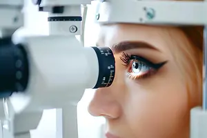 Closeup of a woman wearing a white headband and looking into an ophthalmoscope