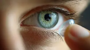 A close-up view of a person's eye with a contact lens being inserted into it.