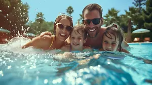 A family of four, two girls and a man, are having fun in a pool, smiling and wearing sunglasses