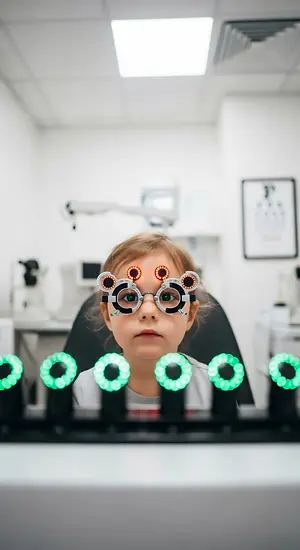 A little girl with glasses looking into a machine with green lights in an optometrist's office.