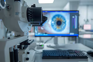 An image of a microscope on a table with a computer screen showing an eye in a laboratory