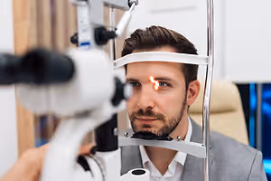 A man with a beard wearing a gray suit is looking into an eye exam machine.