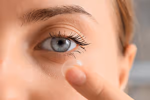 A woman inserting a contact lens into her eye with her finger