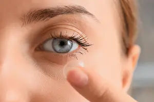 A woman inserting a contact lens into her eye with her finger