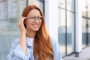 A woman with red hair and glasses is smiling and posing for a photo in front of a building with glass walls.