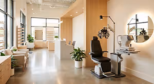 A modern eyecare office with a large wall mounted mirror and an optometrist chair