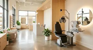 A modern eyecare office with a large wall mounted mirror and an optometrist chair