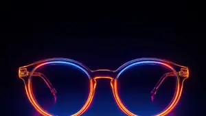 A pair of round glasses with glowing neon frames on a dark background