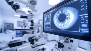 An image of an eye being examined in a medical setting with a monitor displaying the eye's image.