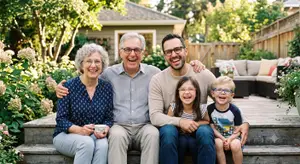 A family of four, consisting of two adults and two children, sits on a wooden deck, smiling and posing for a family photo in their garden