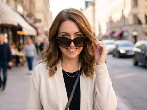 A smiling woman wearing sunglasses and a beige jacket stands on the sidewalk with cars and people in the background.