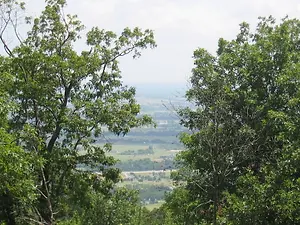 View from the top of a hill showing a wide landscape with trees and a small town in the distance.