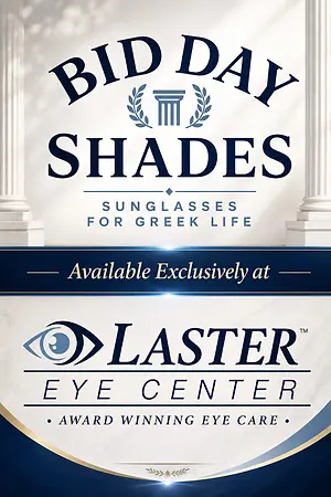 Promotional graphic for Bid Day Shades sunglasses for Greek life, available exclusively at Laster Eye Center.