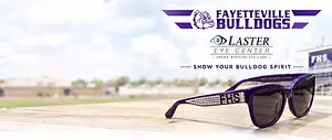 Purple sunglasses displayed with Fayetteville Bulldogs and Laster Eye Center logos