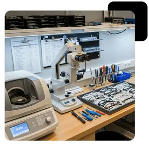 A close up of a microscope, a machine and some glasses on a wooden desk with some papers pinned to the wall