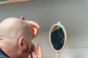 A bald man examines his hairline in a mirror.