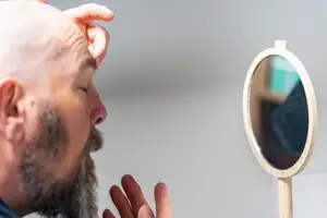 An older bald man is looking at his reflection in a mirror with his eyes closed