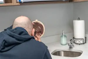 A man in a blue hoodie stands in a bathroom looking at himself in a mirror while holding his chin