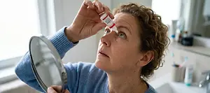 woman applying eye drops in front of mirror in a bathroom