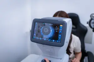 A woman undergoing an eye examination using a machine with a screen displaying an eye image and various metrics