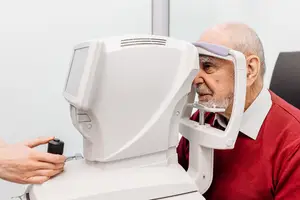 An older man getting his vision checked at an optometrist