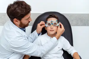 A doctor in a white coat is adjusting a young boy's glasses in a clinic