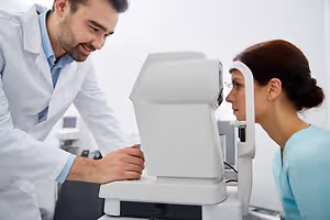 A smiling man in a white coat adjusts an eye exam machine for a woman in a blue shirt