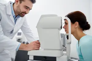 A smiling man in a white coat adjusts an eye exam machine for a woman in a blue shirt