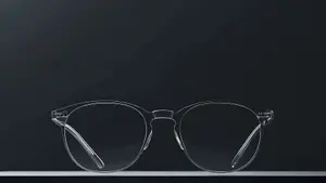 A pair of clear glasses with a sleek frame on a dark background