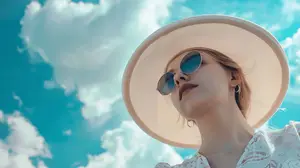 A woman wearing a hat and sunglasses is looking up at the sky with a blue sky and white clouds