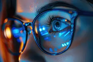A woman wearing glasses with a blue and yellow light reflecting on the lens