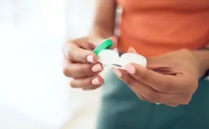 A woman wearing an orange shirt and green pants holds a contact lens container with a green lid and a white lens inside, suggesting she is about to put on her contact lens.