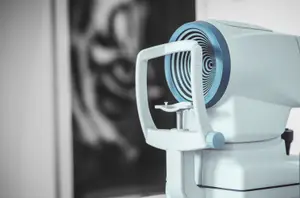 Close up of a modern white and blue automated eye exam machine in an optometrist's office.