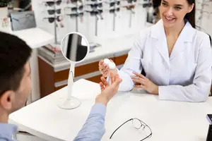 An eye care specialist showing a customer how to clean their glasses