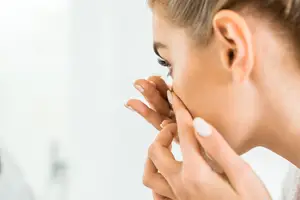 woman with contact lenses in her hands looking in a mirror