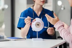 A woman in a blue scrubs uniform demonstrates an eye model to another woman wearing a pink shirt in a medical office.