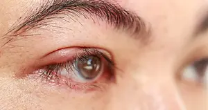 A close up of a person's eye with slightly red skin around the eye and eyelashes with a blurry background.
