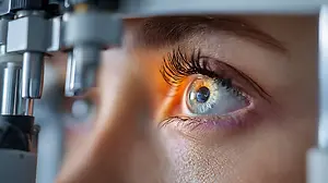 A close-up view of a woman's eye being examined by an optometrist using a slit lamp in a medical setting