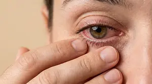 Close up of a person touching their eye with a red eye