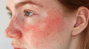 Close-up of a woman with red freckles on her face looking to the left