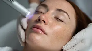 A woman is getting her face treated with a laser machine by a person wearing gloves