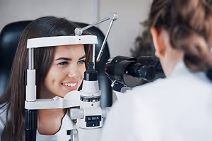 A woman is having her eye examined by a doctor in a clinic
