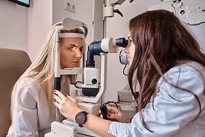 A woman wearing a white coat is examining another woman's eyes with a medical device in a clinic room.