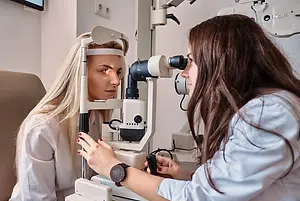 A woman wearing a white coat is examining another woman's eyes with a medical device in a clinic room.