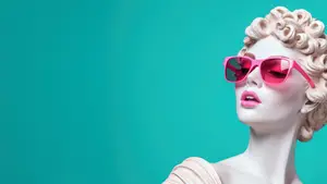 A mannequin wearing sunglasses and pink lipstick poses against a teal background