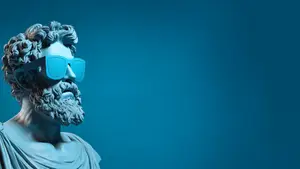 A statue of an ancient Roman man wearing sunglasses on a blue background