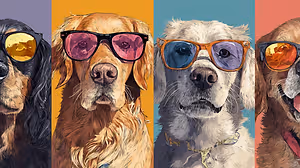 Four dogs with sunglasses