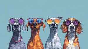 Four dogs in different colors wearing sunglasses with different lens colors standing in a row against a blue background