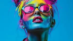 A woman with multicolored paint on her face and wearing pink glasses is posing for a photo against a blue background.